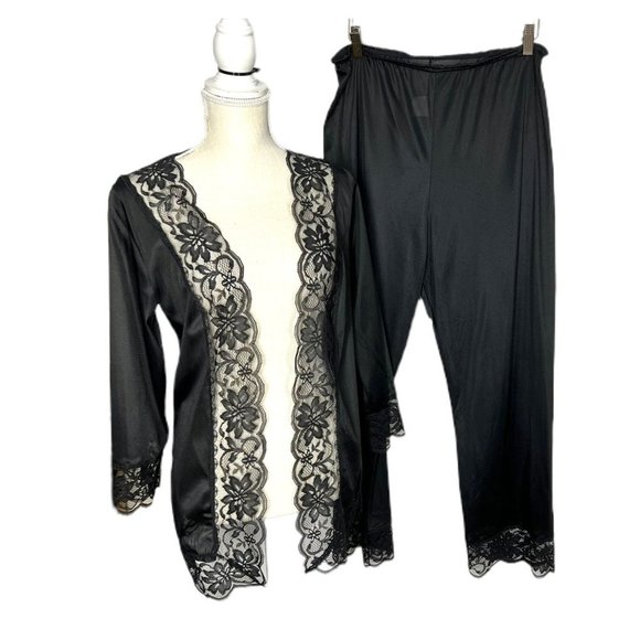 Vintage Other - Vintage 60s Black Nylon Lace Mid Length Robe Pants Pajama Set Medium Large